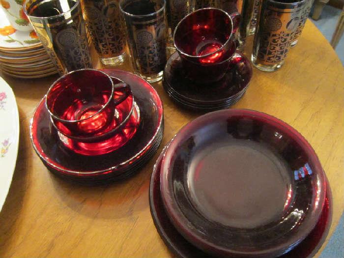 Depression ruby glass plates cups and saucers