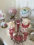 Gone With the Wind lamps; cat & pig cookie jars; cranberry condiment set