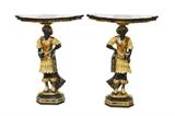 Blackamoor Stone Inlay Gilt Demilune Table Pair