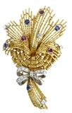 18K Gold Diamond Ruby Sapphire Bouquet Brooch