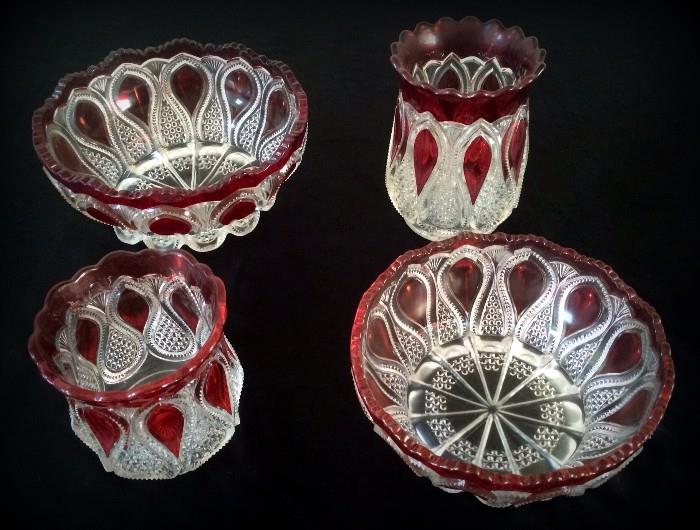 Fantastic collection of cranberry & clear glass serving items !
