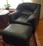 Blue Leather Arm Chair and Ottoma