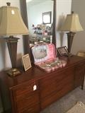 Mid-century modern triple dresser; 2 identical lamps; vanity dresser set in original box