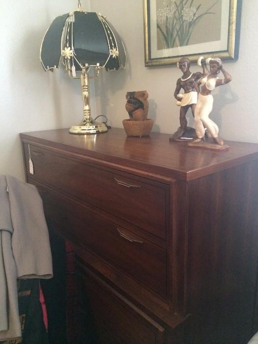 Mid-century modern chest of drawers; decorative items