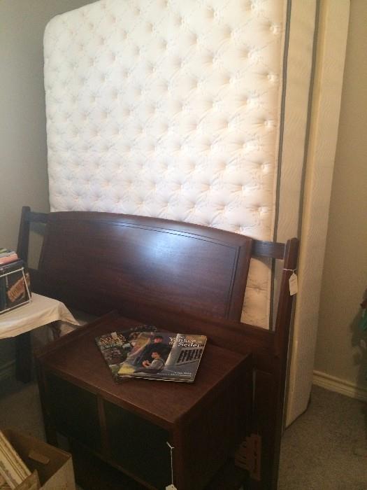 Mid-century modern bed has matching nightstand, triple dresser, and chest of drawers