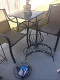       2 patio chairs & square table; misc planters