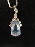 14Kt Gold Necklace with a 2 Carat Aquamarine with Diamonds Set in 18kt Gold