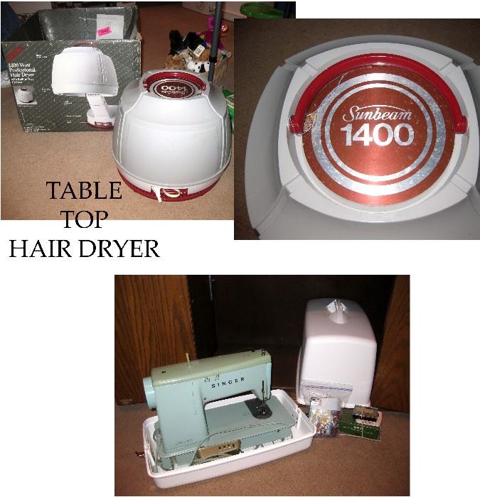 TABLE TOP HAIR DRYER AND VINTAGE SINGER PORTABLE SEWING MACHINE