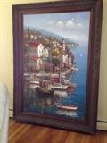 7'2"x5'2" European Coastal Marina Scene. WE had it mounted so it hung on the wall, but the mounts gave out. If you want to mount, ensure the hardware is up to snuff.