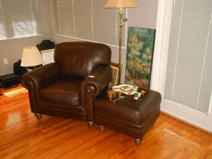 brown leather  chair  and  ottoman