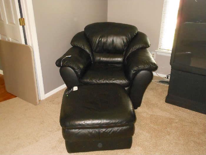 Black leather  chair  and  ottoman