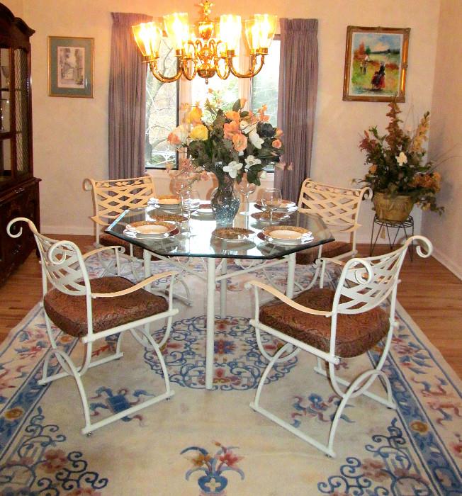 5 PIECE WROUGHT IRON DINNING TABLE and 9'X 12' CHINESE RUG
