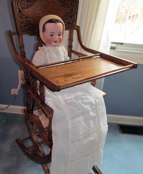 ANTIQUE HIGH CHAIR AND ANTIQUE DOLL