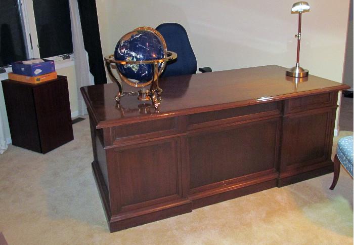 BEAUTIFUL, OFFICE DESK WITH LOCKING DRAWERS, FILING CABINET, BRASS AND INLAID GLOBE