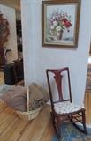 ANTIQUE ROCKING CHAIR, SIGNED OIL PAINTING, COMFORTERS 