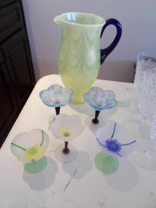 Murano Art Glass Pitcher with 6 liqueor glasses