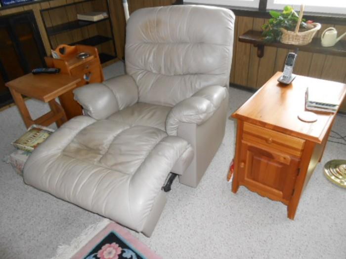 leather recliner, oak side table