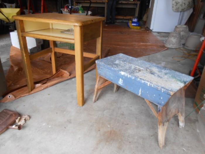 vintage wood school desk, and hand crafted wood bench