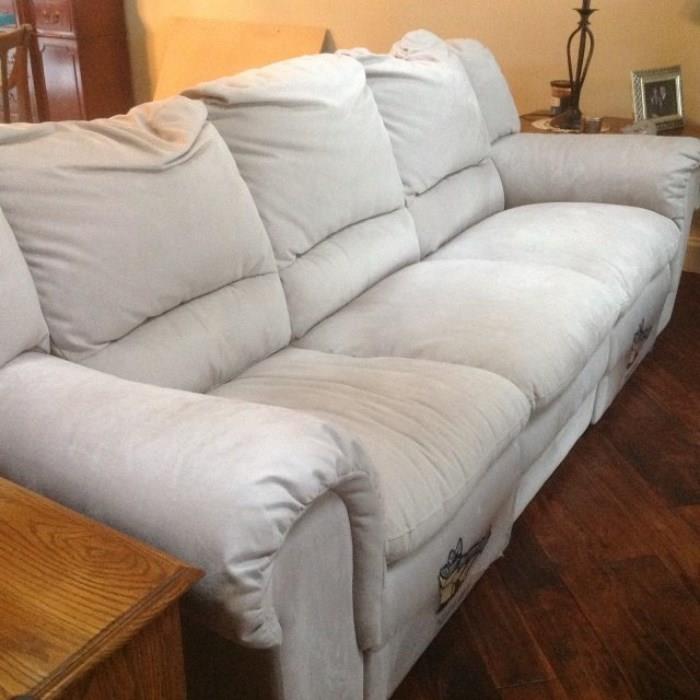 Microfiber sofa with recliners on both ends