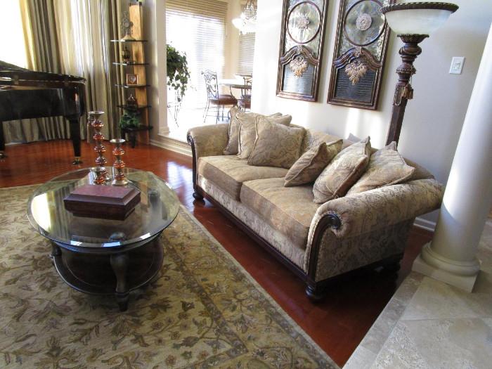 LIVING ROOM SOFA, TABLE AND LAMP