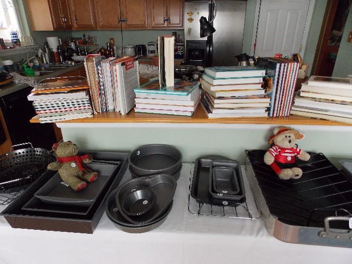 Non stick bake ware. Lots of cookbooks.  There are many Starbucks bears in every outfit imaginable 