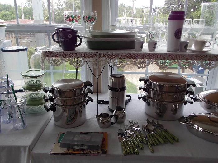 Amway cookware.  Green and white Corning ware 