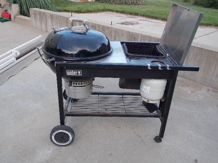 Weber charcoal with propane light. Also has storage bin for extra charcoal