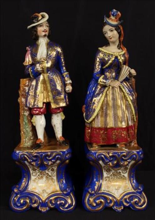 1 - Pair of old Paris figurines (room scenters) French gentleman and lady, blue with heavy gold enamel, 20 in. T, 7 in. W, 6.5 in. D.