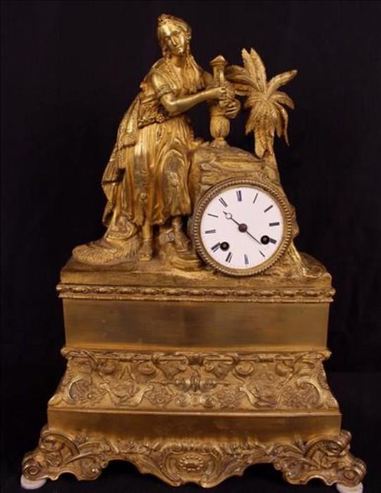 7 - Early French Dore bronze mantle clock, ca. 1860, 18.5 in. T, 14 in. W, 4 in. D.