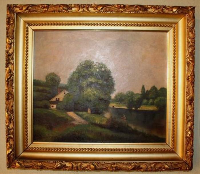 8 - Old Victorian oil on canvas, landscape of farmhouse and man in boat fishing, signed J.S. Steere, 1910