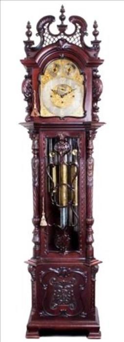 45 - Magnificent mahogany heavily carved Chippendale style grandfather clock with 9 tubes, Elliott works of London, ca. 1890, 8 ft. T.