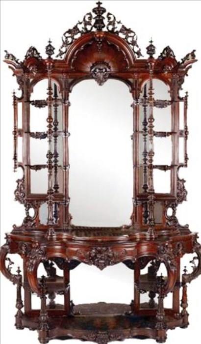 50 - Rare model rosewood rococo etagere with bonnet top, 9 ft. 2 in. T, by Thomas Brooks, ca. 1855, museum quality.