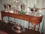  large silver chafing dish,  King Francis wine cooler with inserts, crystal candelabra, , silver trophy coffee urn