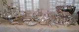 large silver punch bowl with cups, large silver buffet serving set