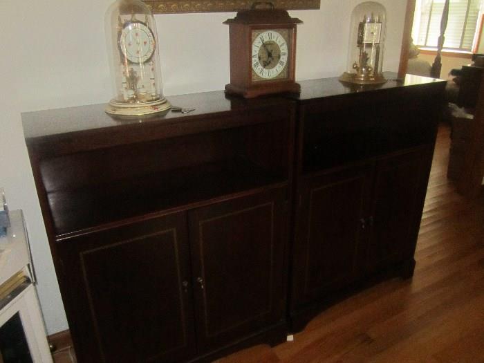 vintage Hamilton mantel clock , 2 Kundo 400 day anniversary clocks ,pair of mahogany bookcases