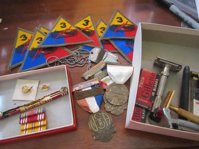  wwII Campaign ribbons & patches , dog tags ' collar pins , United Steel Workers Union medals and men's razors