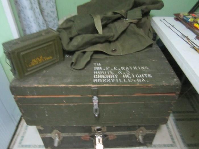 WWII FOOT LOCKER ,AMMO BOX ,AND MORE