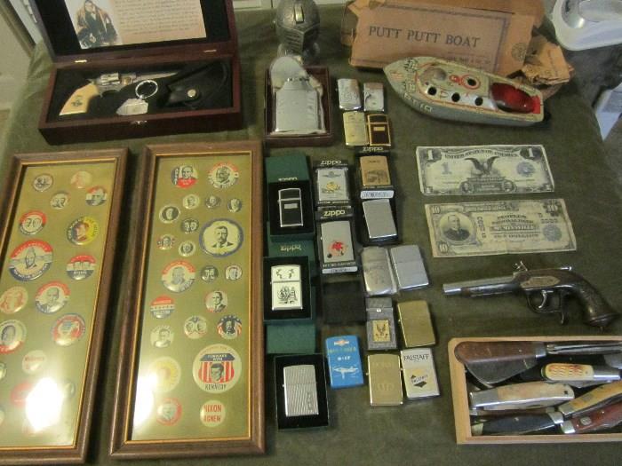LIGHTERS (not all pictured )MORE KNIVES ,FRAMED CAMPAIGN BUTTONS (1976) VINTAGE TIN BOAT , $10 NATIONAL CURRENCY- McMINVILLE ,TN 1929 ,BLACK EAGLE $1 SILVER CERTIFICATE 1899