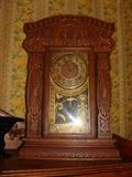 Antique Carved Oak Gingerbread Gold Gilt Glass Panel Kitchen Clock