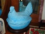 Large Blue Glass Vintage Chicken in a Basket one of many types and styles