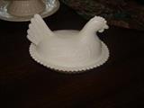 Vintage Milk Glass Chicken in a Basket