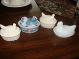 Vintage Milk Glass Chickens in a Basket ( one porcelain )