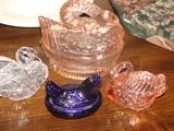 Vintage Glass Swans ( lidded ) and Cobalt Chicken in Basket