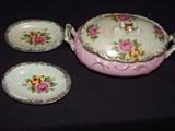 Vintage miniature porcelain dbl handled lidded tureen and 2 platters