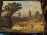 antique print: cattle at watering at river by J.B. Luaf???