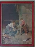 Vintage print of  Farm Boys Sharpening Blade with Grinding with Wheel 