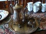 Ornate footed vintage Tea Set with Teapot, Sugar and Creamer and double - handled try