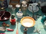 Vintage Tins, Bowls, Figurines, Mason Jars, Insulators, Glass Door Knobs etc.