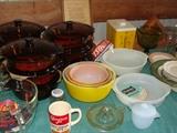 Vintage Covered Glass Bowls & Mixing Bowls (Old/New), Green Glass Juicer, covered MIlk Glass bowl and more!