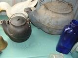 Antique Iron Tea Kettles even cobalt bottle